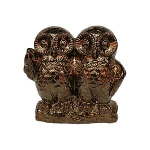 1950s Vintage Owls on a log Shelf Sitter Bronze Color Art MCM Ceramic 9.5 #107B5